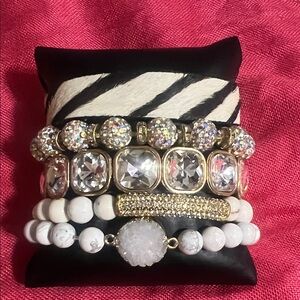 Stacked White and Gold Crystal Bead Bracelet Set